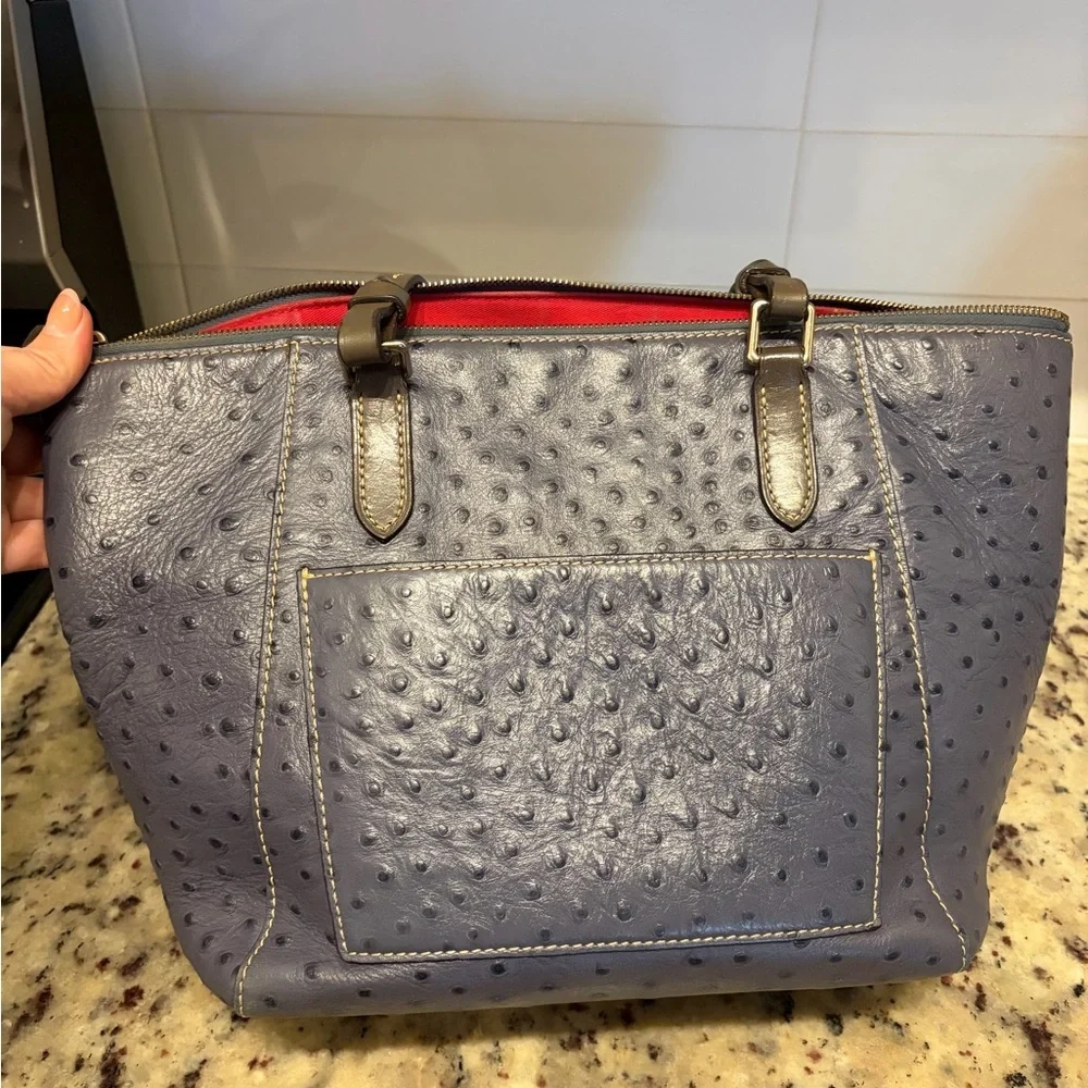 RARE Dooney & Bourke Maxine Tote Ostrich Embossed Leather Soy Blue Zip Tote - Picture 4 of 7